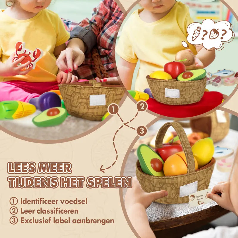 Lehoo Castle Children Play Food, Wooden Play Food, Toys Food for Kids , Pretend Play Cutting Food Toys, Gift for Girls Boys, Pretend Wooden Fruits & Vegetables & Kitchen Accessories with Basket, Cutting Food Toys- Toy Food Educational Gifts