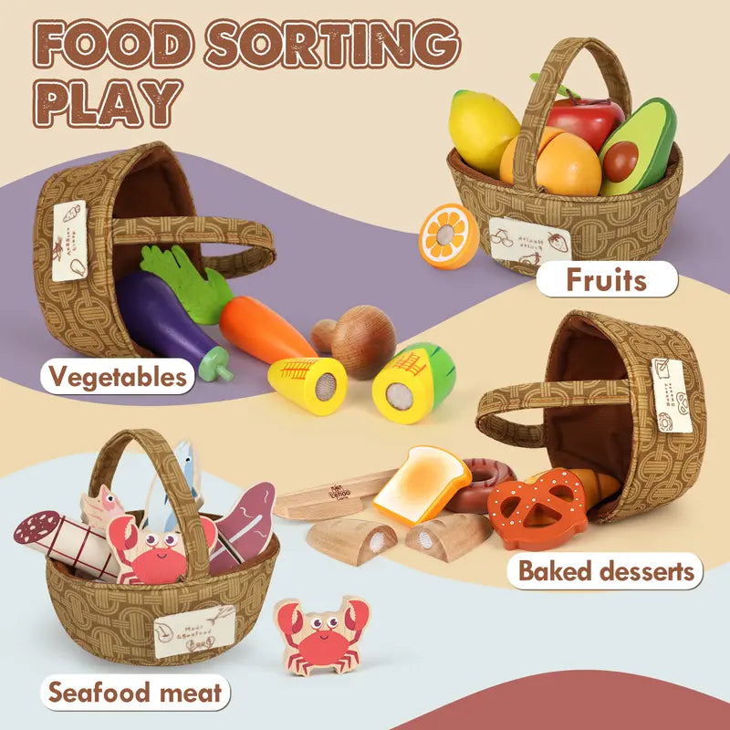 Lehoo Castle Children Play Food, Wooden Play Food, Toys Food for Kids , Pretend Play Cutting Food Toys, Gift for Girls Boys, Pretend Wooden Fruits & Vegetables & Kitchen Accessories with Basket, Cutting Food Toys- Toy Food Educational Gifts